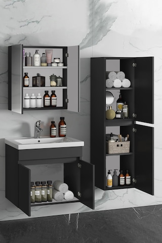 Çiğdem 65+35 Cm Antrasit Gri Mdf Lavabolu Asma Banyo Dolabı Takım Antrasit - Gri