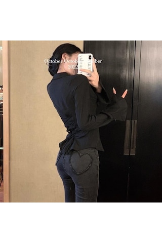 Kadın Seksi Bel Büzgülü Gömlek Bol Uzun Kollu Bayan Düz Renk Gömlekler Üst Düzey Slim Fit Şık Askılı Bluzlar Siyah