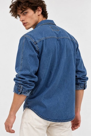 Little Cup Jeans Co Orta Mavi Premium Çift Cep 90lar Erkek Denim Kot Gömlek Açık Mavi