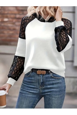 Kadın Uzun Kollu Dantelli Kapşonlu Viskon Iki Iplik Bluz Beyaz