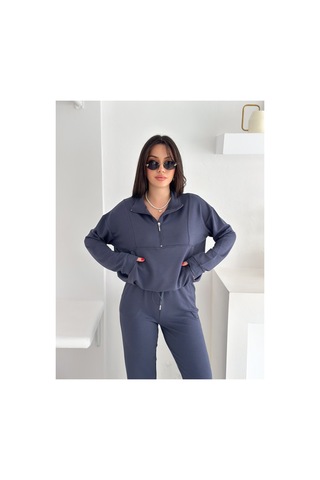 Gugus Kadın Yarım Fermuarlı Model Beli Lastikli Dar Paça Eşofman Takımı Füme