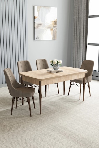 Zümra Serisi, Meşe Desen 80x132 Açılabilir Mdf Mutfak Masası Takımı 4 Adet Sandalye Cappucino