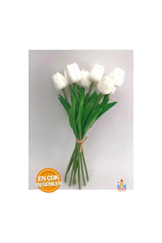 Beyaz Yapay Lale Buketi - Gerçeksi Dokulu, 8 Adet 32 Cm Islak Lale - Dekoratif Çiçek Aranjmanı Beyaz