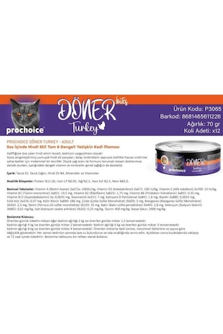 Prochoice Döner Bites Sos İçinde Hindi Etli Yetişkin Kedi Konservesi 70 Gr