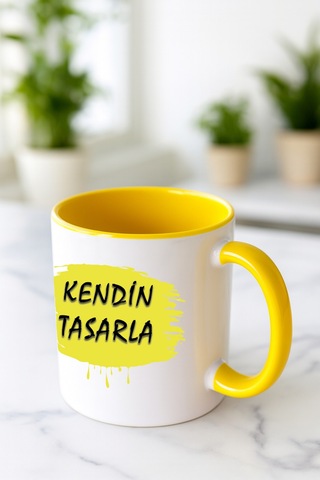 Kendin Tasarla Bardak - Kişiye Özel Bardak Satıya Sor 2 İçi Kulbu Sarı Bardak