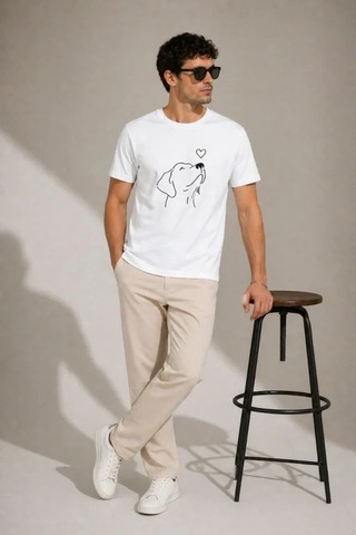 Efnaz Style Erkek Köpek Figürlü Minimal Baskılı Tişört Kısa Kol Yazlık T-shirt - Beyaz