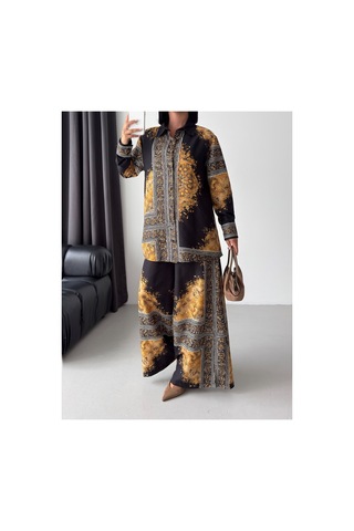 Wellway İthal Chokellaa Kumaş Çiçekli Tunik Gömlek & Pantolon 2li Takım-sarı -26112 Siyah
