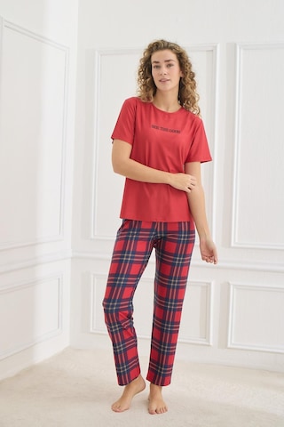 Kompedan Kadın Ekose Desenli Bisiklet Yaka Pijama Takım Kırmızı 30102-598 Kırmızı