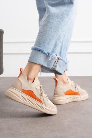 Shoetek Polivya Kadın Sneakers Taşlı Bağcıklı Triko Dokumalı Spor Ayakkabı Turuncu Garni Bej Deri Turuncu