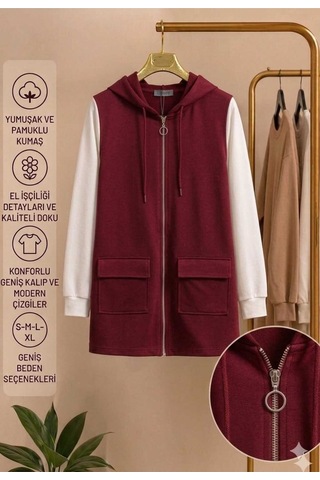 Peka Kadın Kapüşonlu Tesettür Uzun Tunik Yelek Fermuarlı Cepli Pamuklu Kumaş Bordo Bordo