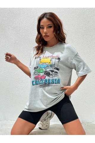 California Arabalar T-shirt - Gri Baskılı Oversize Bisiklet Yaka Kısa Kol Tişört Gri