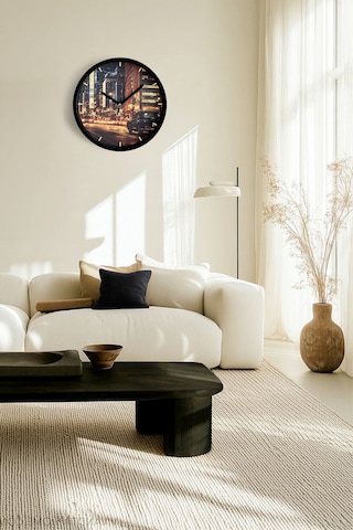 Klasik Araba Ve Gece Şehir Modern Duvar Saati - 30cm - Önü Camlı Siyah Kasa - Sessiz Mekanizma-jh0779 Siyah