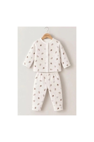 Biçomi Gece Terletmeyen Çıtçıtlı %100 Pamuk Bebek Pijama Takımı Kolay Giyilen Palamut Desenli Peny Ekru