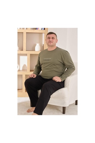 Pijamoni Erkek Battal Bisiklet Yaka Penye Uzun Kol Pijama Takımı 6700/1 - 1 Adet Haki