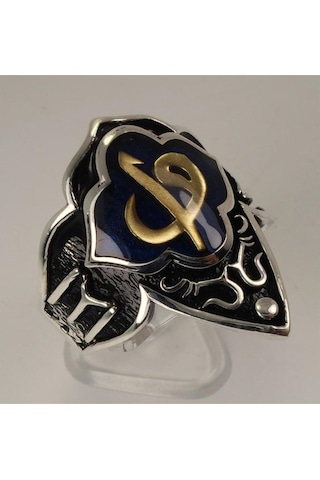 Gümüş Erkek Zihgir Başparmak Yüzük Mavi Vav Elif Model