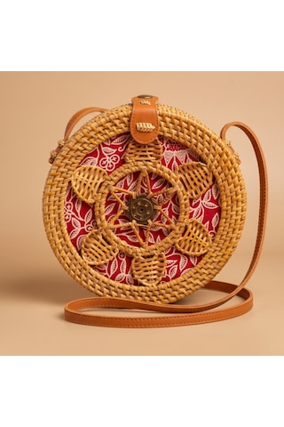 Morgen Craft Rezen Çiçek Desenli Omuz Çantası - El Yapımı - Bambu - 20x20x7,5 Cm Açık Kırmızı