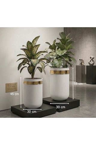 Dekoratif Glossia Beyaz Gold 55 Cm Ve 45 Cm İkili Saksı Set