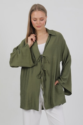 Doğal Viskon Kumaş Cepli Bağcıklı Kadın Kimono 1167 Hafif, Dökümlü, Akışkan, Yazlık Model Haki