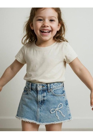 Kız Çocuk Fiyonk Detaylı Kot Etek-15824 Mavi