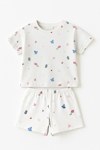 Kız Çocuk %100 Pamuklu Kuş Desenli Şortlu Takım 3-4 Yaş 8-9 Yaş Beyaz