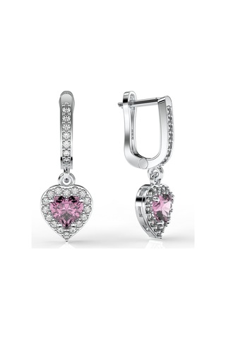 925 Ayar Pembe Taşlı Rodyum Pırlanta Işıltılı Sallantılı Kalp Gümüş Küpe Gümüş