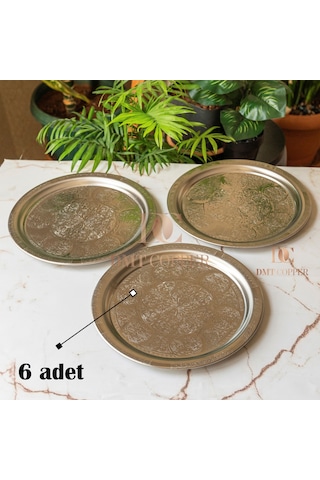 430 Kalite Krom Çelik 6 Adet Tepsi 24 Cm Fırına Uygun, Osmanlı Motifli, Kebap & Restoran Sunum Tepsisi Gri