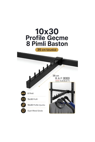 10 Adet - Pimli Baston Ab-1 Uyumu - 10x30 Profile Geçme - Pimli Baston Askılık 35 Cm Mağaza Raf Askılık Aparatı Siyah