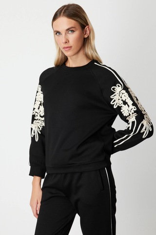 On Fashion Kadın Kolları Desenli Sıfır Yaka Siyah Sweatshirt 66323 Siyah