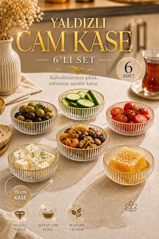 Porsima 13877-1 Vanes 6'lı Gold Yaldızlı Floren Cam Sunum Kasesi 10 Cm - Çerezlik & Reçellik Altın