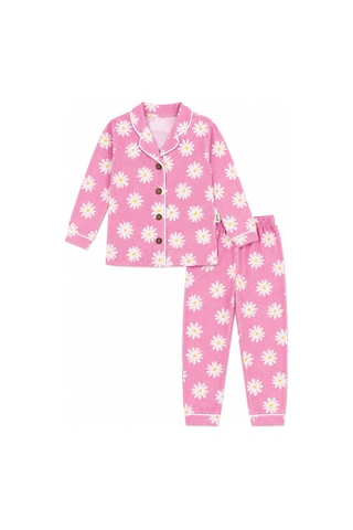 Beniizle Kız Çocuk Pijama Takımı Papatya Desenli Pembe Uzun Kollu Düğmeli 2 Li Pijama Takımı