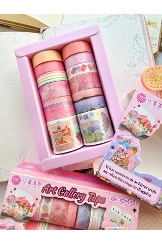 Art Vintage Washi Tape Bant Yapışkanlı Maskeleme Kağıdı Desenli Bant 12'li - Pembe Van Gogh Tabloları 1