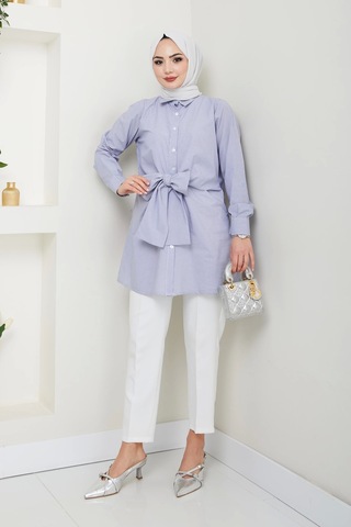 Nevayla Moda Çizgili Poplin Bağlamalı Gömlek - Lacivert / Ü103 Lacivert