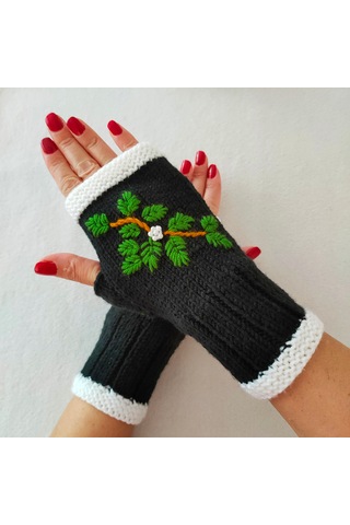 Newdaycraft El Örgüsü Motifli Parmaksız Eldiven / Bileklik - Holly Siyah Siyahımsı Yeşil