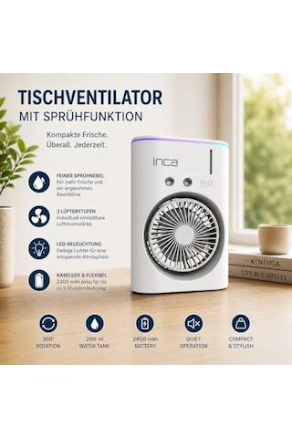 Inca Imf-10b Şarj Edilebilir 2400 Mah Taşınabilir Buzlu Su Hazneli Soğutucu Renkli Işıklı Masa Fanı Masaüstü Fan 6 İnch 360 Döner Püskürtme Kanalları 2 Çalışma Süresi 3-5 Saat Su Tank Kapasitesi 280ml