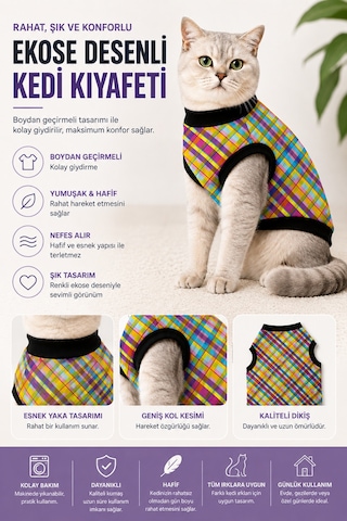 Renkli Ekose Kedi Kıyafeti Rahat Kalıp Günlük Kullanım Kedi Tişörtü Renkli Ekose Kedi Kıyafeti Rahat Kalıp Günlük Kullanım Kedi Tişörtü