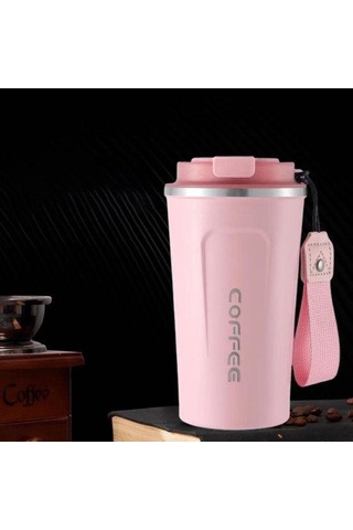 Pembe Mühür Kapaklı Seyahat Kahve Kupa Dökülmeye Dayanıklı Yalıtımlı Çevre Dostu Kolay Tek Elle İçme Paslanmaz