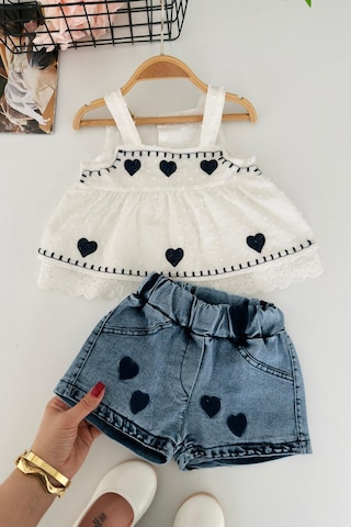 Miniğimin Cicileri Miniğimin Cicilwri Kalp İşleme Detaylı Fistolı Kız Bebek 2'li Takım Ekru
