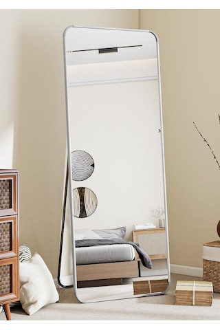 Pera 140x55 Yuvarlak Köşeli Yer Aynası Ayaklı, Asılı, Duvara Yaslı, Yatak Odası, Giyinme Odası GÜMÜŞ