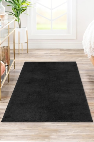 Vl Comfort Puffy Ponpon Saçak Peluş Yıkanabilir Siyah Yolluk Düz Saçak Siyah