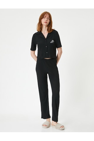 Koton Düğmeli Pijama Takımı Kısa Kollu Nakışlı Siyah 4slk40143mk Siyah