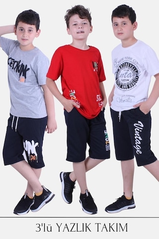 Fyk Kids 3'lü Nuk Dg Zoone Vintage Yazı Detaylı Erkek Çocuk Yazlık Takım Çok Renkli