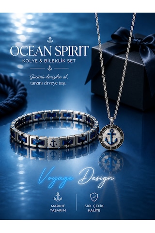 Paslanmaz Çelik Mavi Ocean Spirit Deniz Çapa Kolye Bileklik Seti Gümüş - Mavi