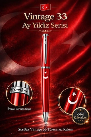 Scrikss Vintage 33 Tükenmez Kalem Kırmızı Ay Yıldız Baskılı Kırmızı