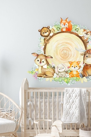MSticker Kütükte Sevimli Hayvanlar Çocuk Bebek Odası Duvar Sticker 60x70cm