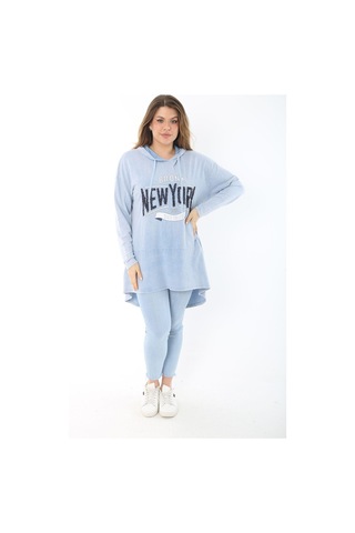 Kadın Büyük Beden Mavi Payet Detaylı Arkası Uzun Kapşonlu Sweatshirt 65n37463 - Mavi