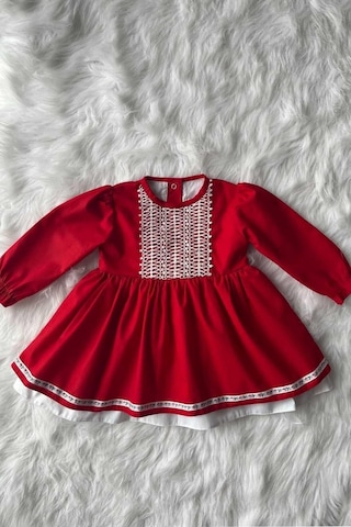 Dantel Ve Kurdele Detaylı Kırmızı Kız Çocuk Bebek Bayram 23 Nisan Elbise 001