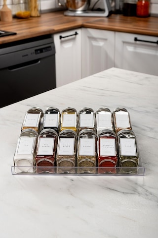 12'li Şeffaf-pleksi Standlı Cam Baharatlık Seti Gümüş Kapaklı Beyaz Etiketli Baharatlık-mh02slvr12 Beyaz - Şeffaf
