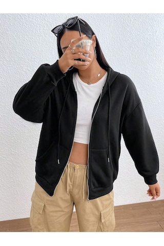 Basic Düz Hırka - Siyah Oversize Kapüşonlu Siyah