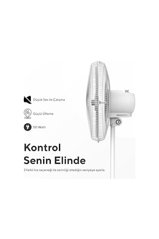 Kumtel KTF-350 Beyaz 16 İnç Ayaklı Vantilatör 50 W 5 Pervaneli 3 Kademeli 121 CM Ayarlanabilir Yükseklik