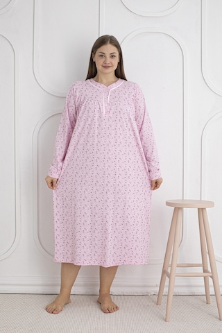 Seboteks %100 Pamuklu Mevsimlik Kumaş Uzun Kol Büyük Beden Anne Geceliği 813 Pembe